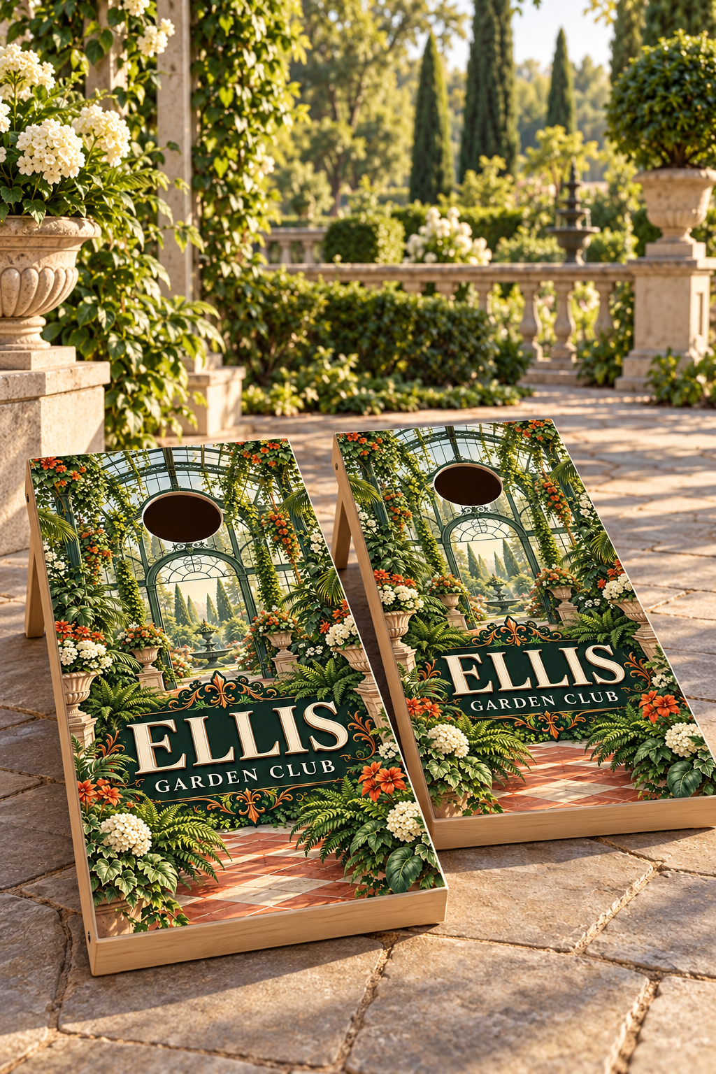 Botanical Conservatory matching personalized cornhole boards lifestyle mockup; boards not included