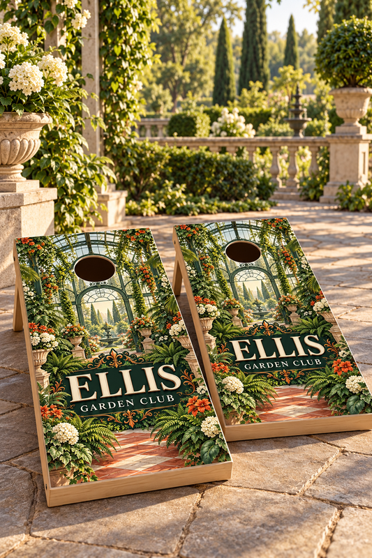 Botanical Conservatory matching personalized cornhole boards lifestyle mockup; boards not included