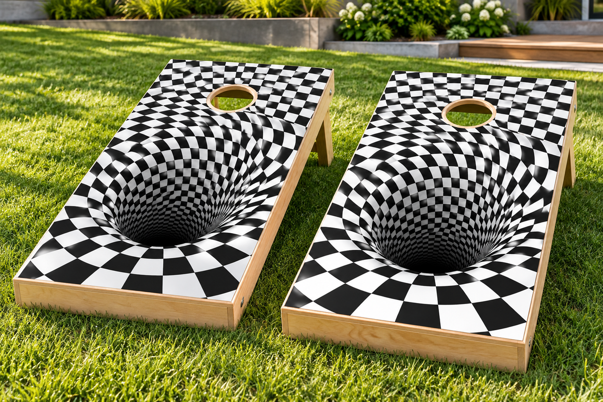 Bottomless Checkerboard Vortex cornhole wrap installed board mockup; boards not included