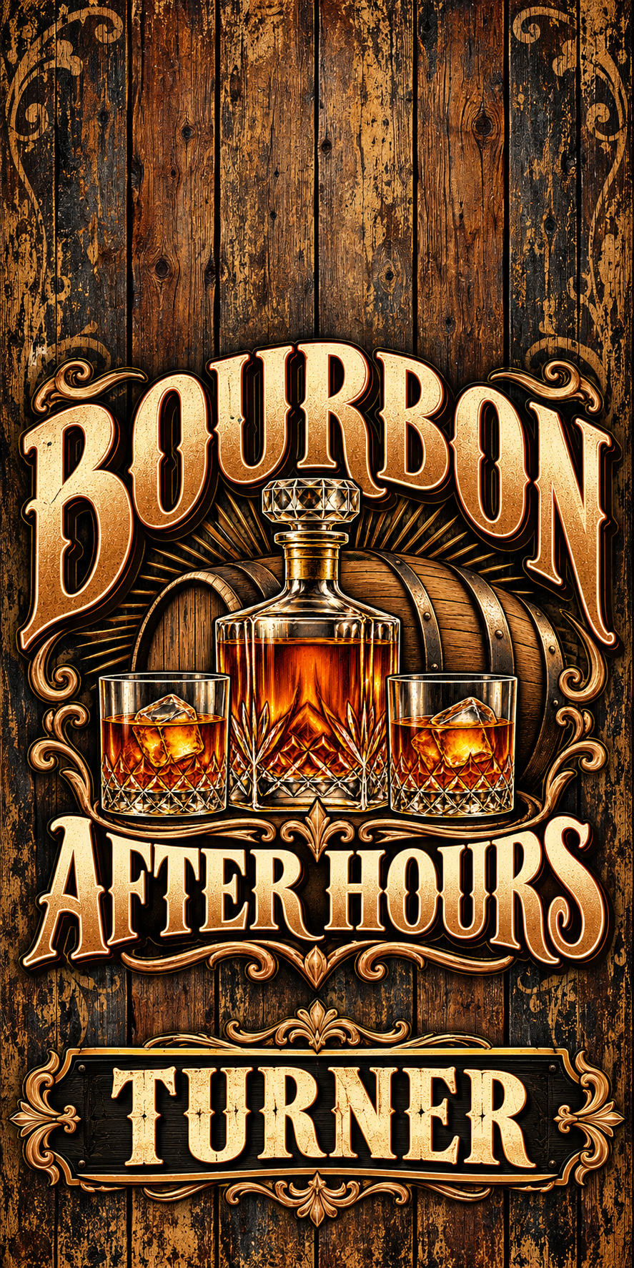 Bourbon After Hours Personalized Cornhole Board Wraps — flat artwork with no hole; example name TURNER