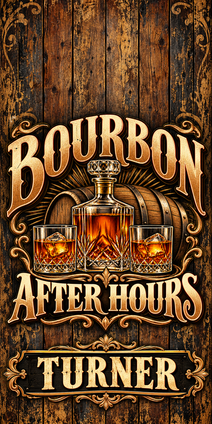 Bourbon After Hours Personalized Cornhole Board Wraps — flat artwork with no hole; example name TURNER