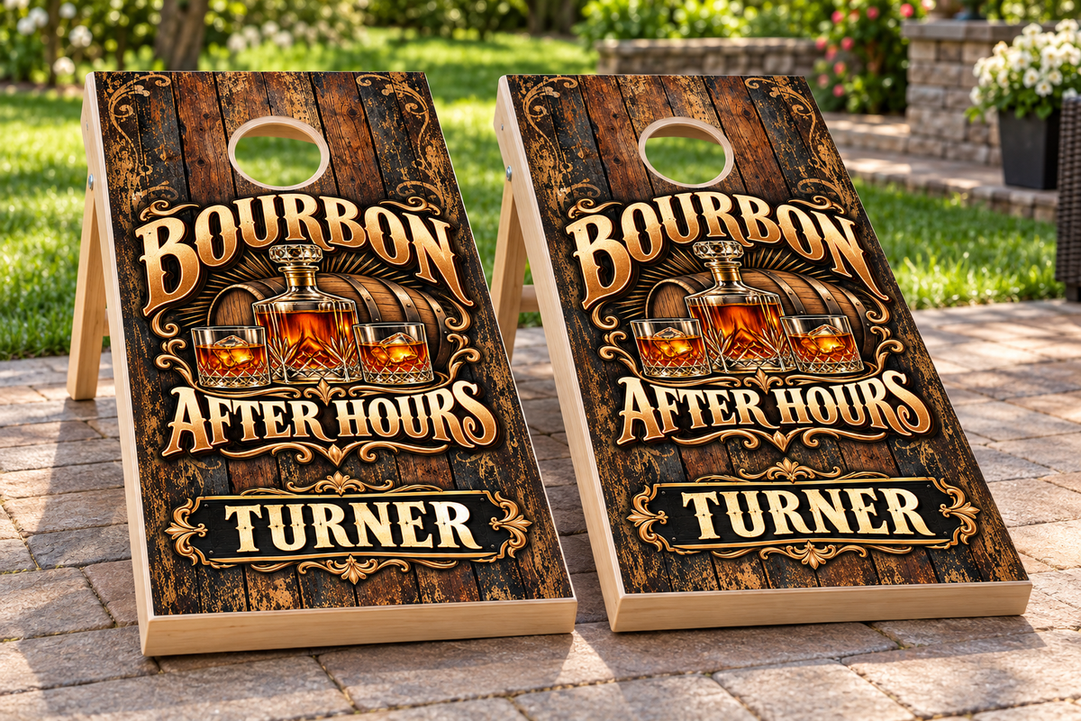 Bourbon After Hours Personalized Cornhole Board Wraps — matching boards mockup; boards not included