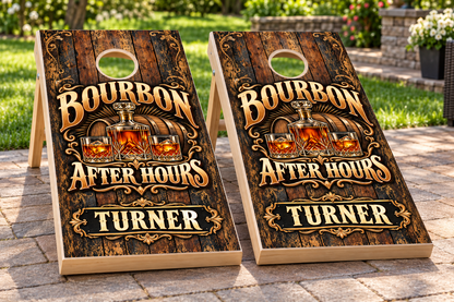 Bourbon After Hours Personalized Cornhole Board Wraps — matching boards mockup; boards not included