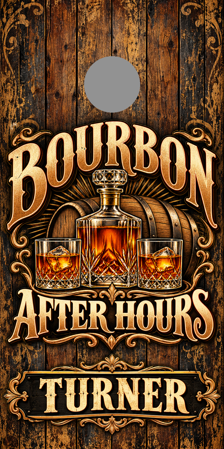 Bourbon After Hours Personalized Cornhole Board Wraps — gray hole-position proof marker; not printed