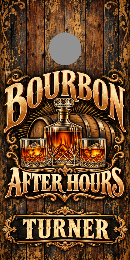 Bourbon After Hours Personalized Cornhole Board Wraps — gray hole-position proof marker; not printed