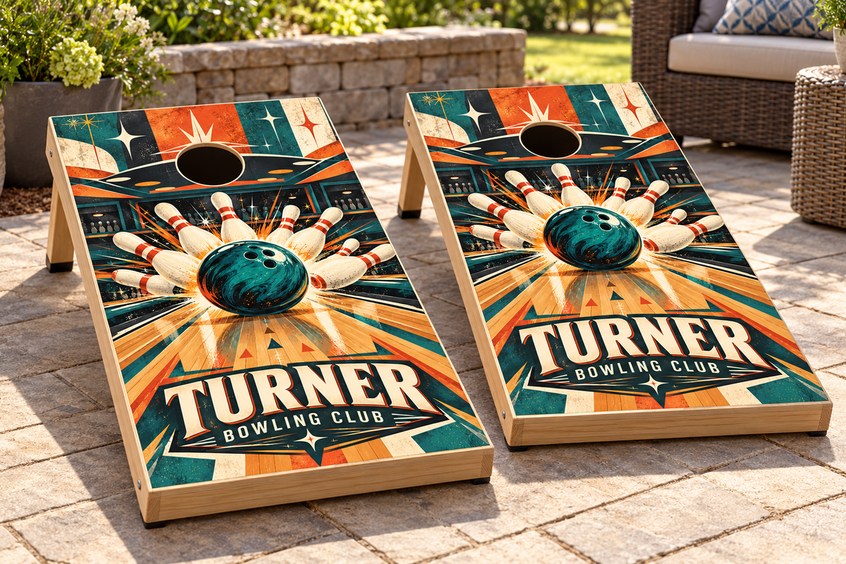 Retro Strike Club matching personalized cornhole boards lifestyle mockup; boards not included
