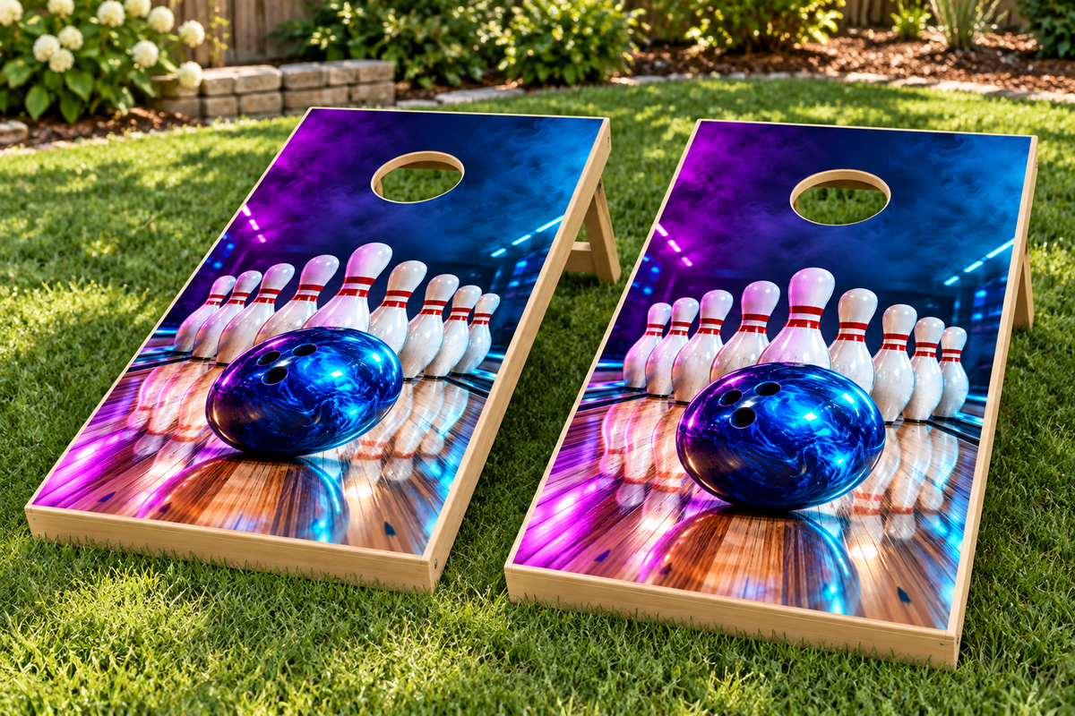 Bowling Strike Night installed cornhole board mockup; boards not included