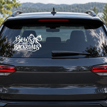 Bows and Backroads Car Window Decal shown on a vehicle window