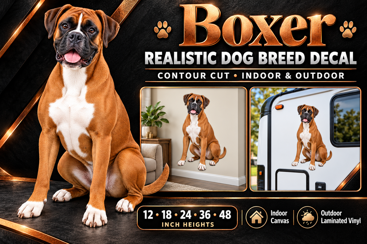 Boxer decal summary — 12 to 48 inch heights, indoor and outdoor