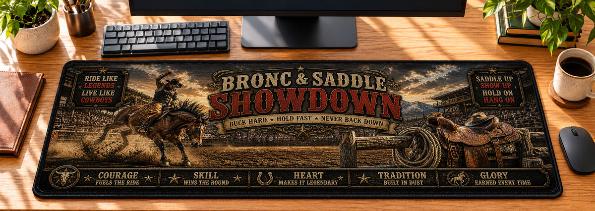 Bronc & Saddle Showdown Desk Mat in use on a warm wood office desk — overhead workspace view