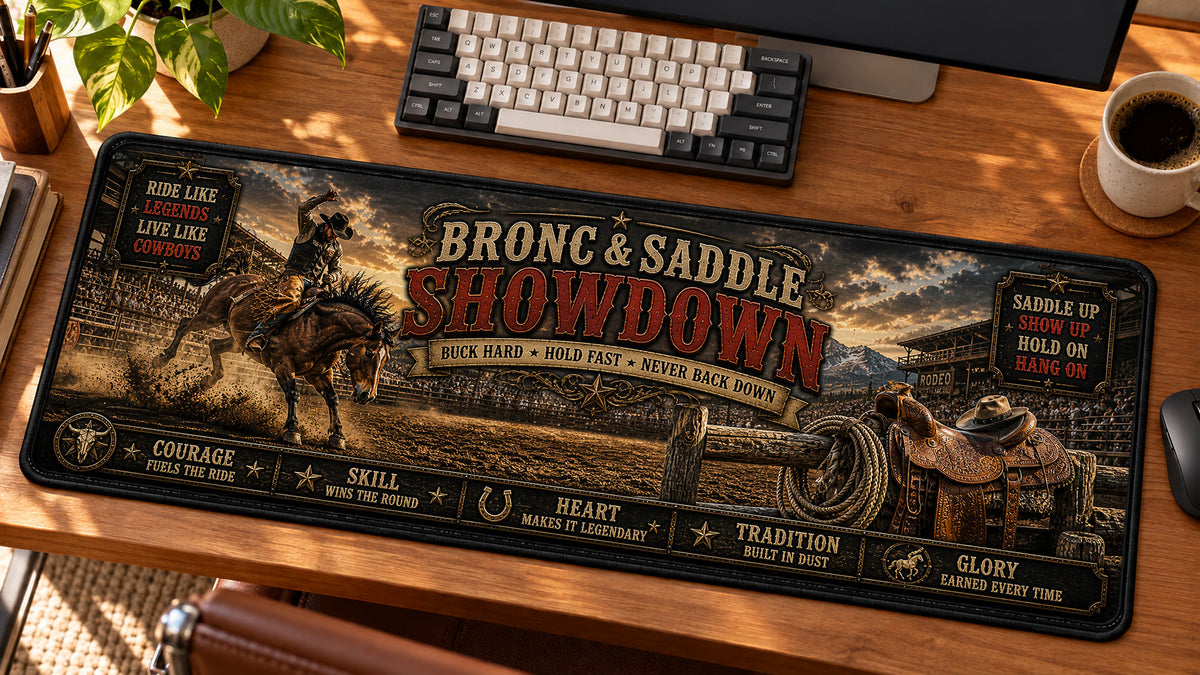 Bronc & Saddle Showdown Desk Mat in use on a warm wood office desk — angled workspace view