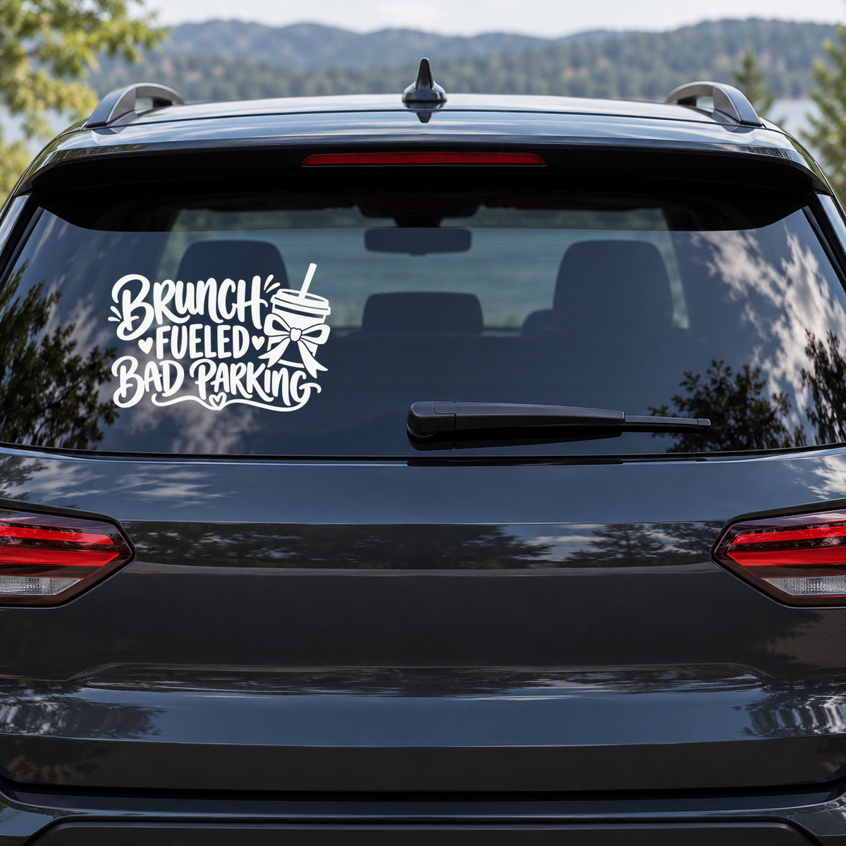 Brunch Fueled Bad Parking Car Window Decal shown on a vehicle window