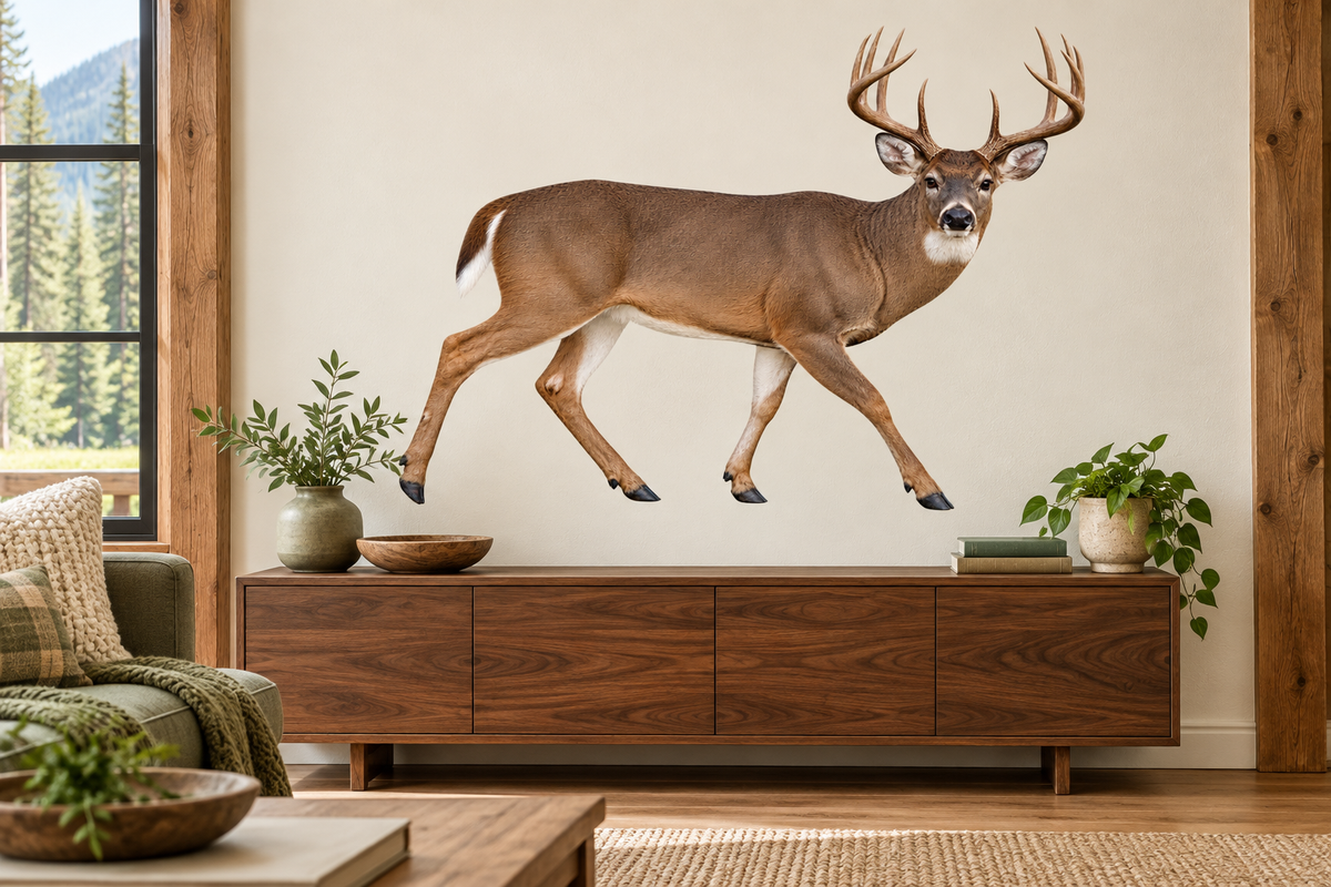 Majestic Whitetail Buck Realistic Large Wall Decal room mockup, illustrative size