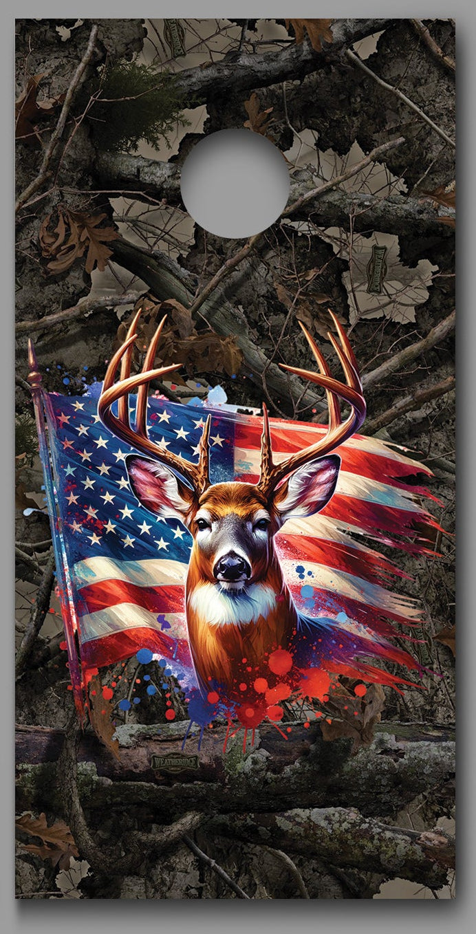 Buck Deer American Flag Camouflage Red White Blue Design Corn hole Decal Wraps
