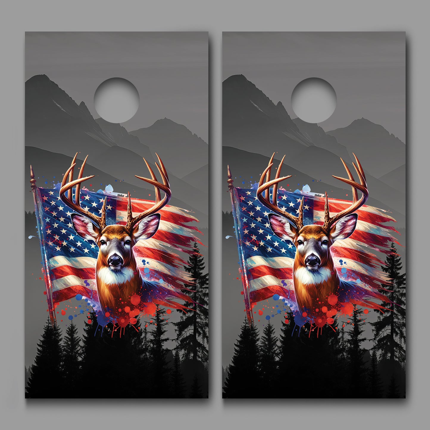 Buck Deer American Flag Mountains Trees Corn hole Decal Wraps
