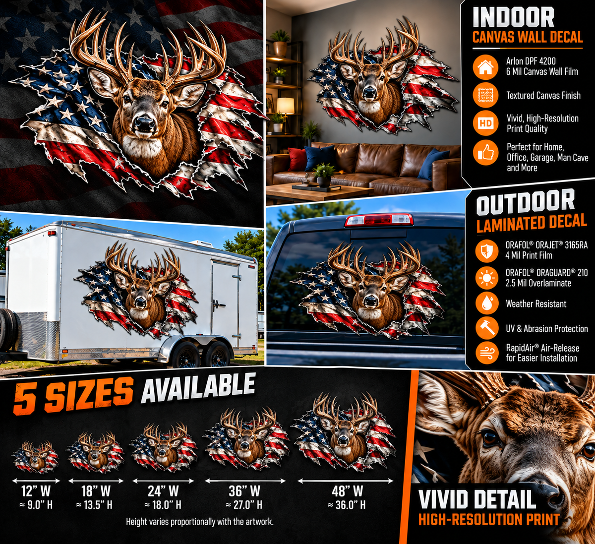 Patriotic Whitetail Buck American Flag Contour Cut Decal
