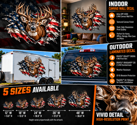 Patriotic Whitetail Buck American Flag Contour Cut Decal