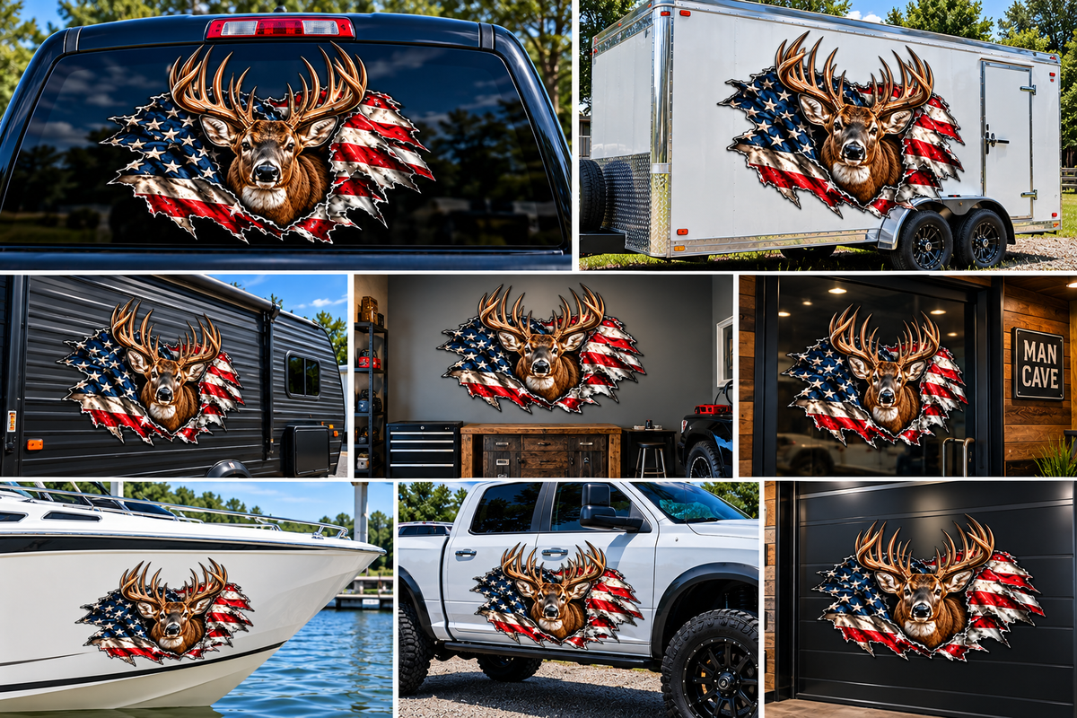 Patriotic Whitetail Buck American Flag Contour Cut Decal