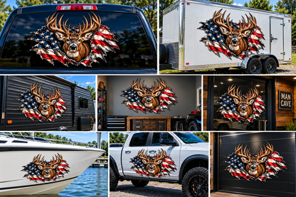 Patriotic Whitetail Buck American Flag Contour Cut Decal