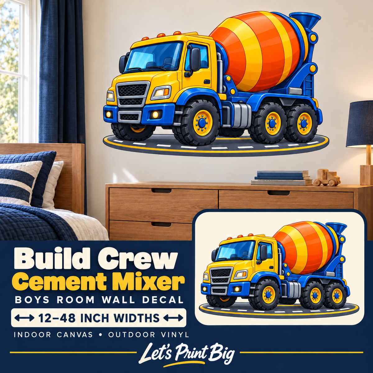 Build Crew Cement Mixer – Boys Room Wall Decal summary and bedroom mockup – 12 to 48 inch widths