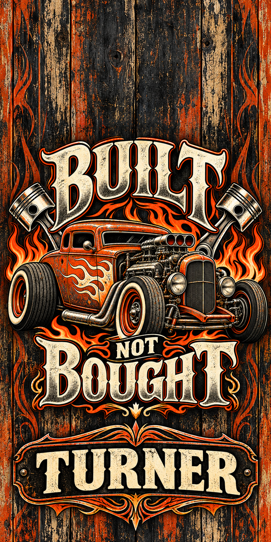 Built Not Bought Personalized Cornhole Board Wraps — flat artwork with no hole; example name TURNER