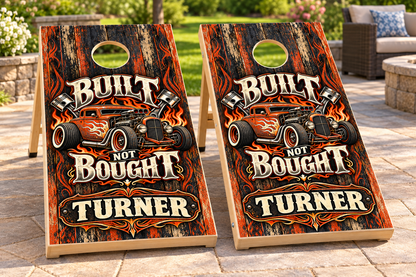 Built Not Bought Personalized Cornhole Board Wraps — matching boards mockup; boards not included