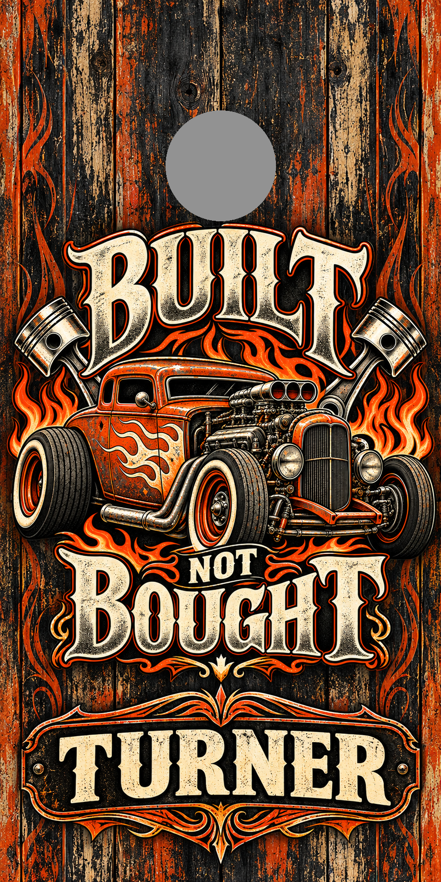 Built Not Bought Personalized Cornhole Board Wraps — gray hole-position proof marker; not printed