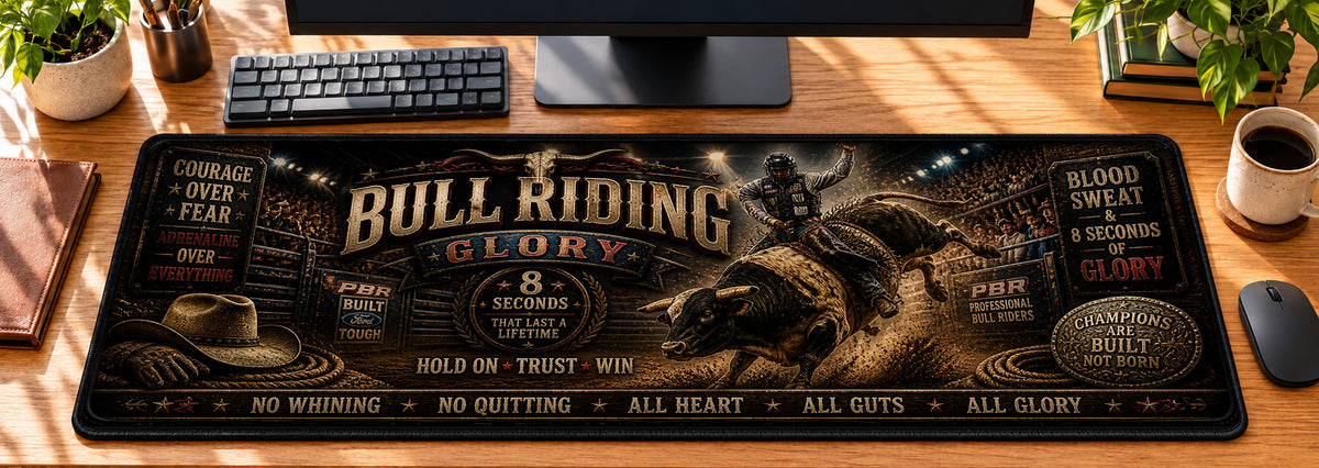 Bull Riding Glory Desk Mat in use on a warm wood office desk — overhead workspace view