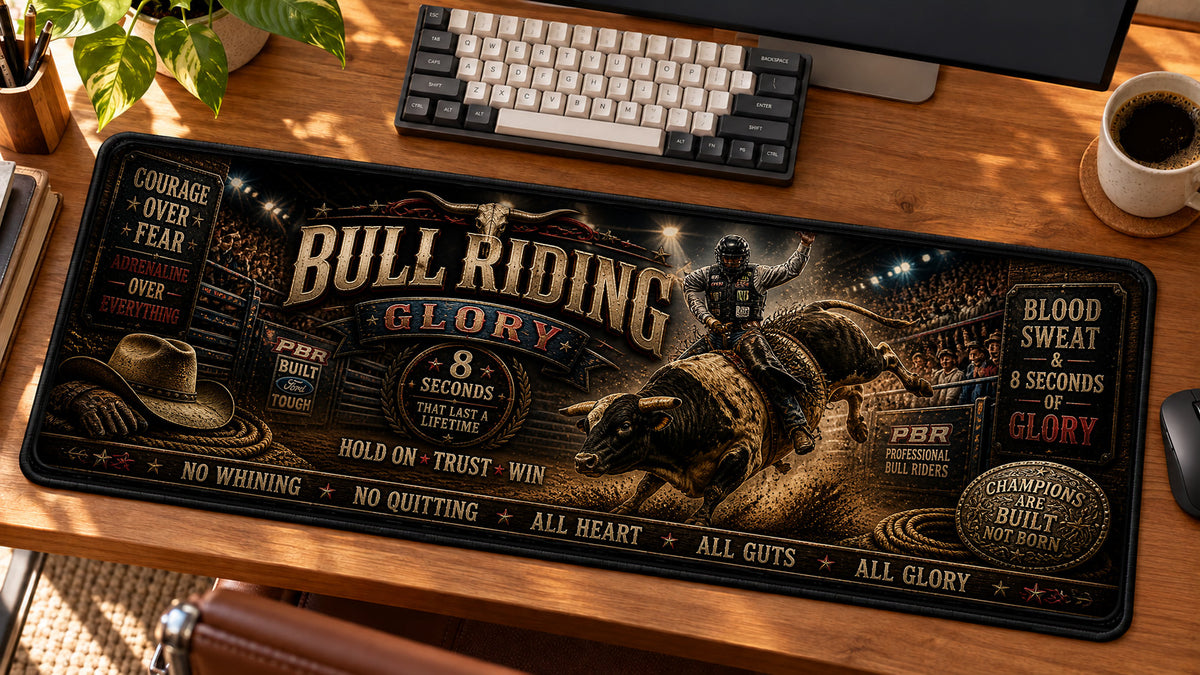 Bull Riding Glory Desk Mat in use on a warm wood office desk — angled workspace view