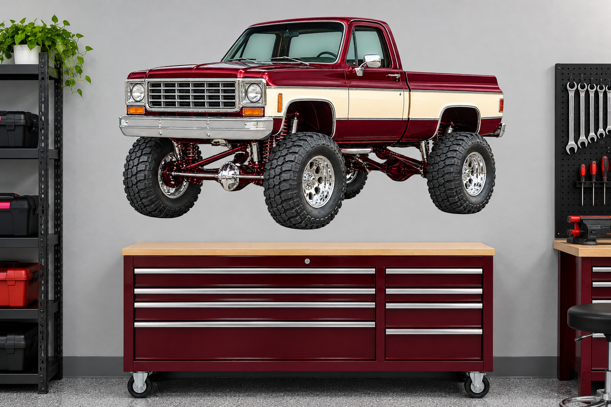 Burgundy & Cream Classic Lifted Truck Contour Cut Decal – Indoor or Outdoor garage mockup, illustrative size
