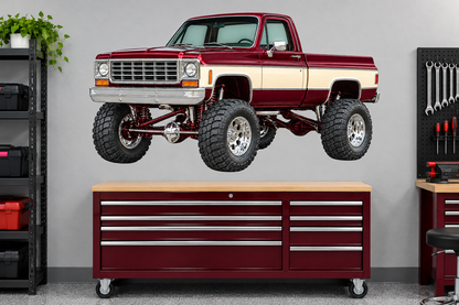 Burgundy & Cream Classic Lifted Truck Contour Cut Decal – Indoor or Outdoor garage mockup, illustrative size