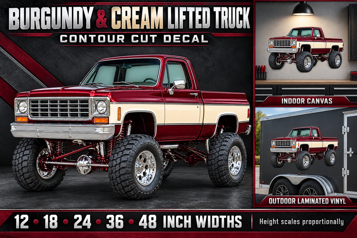 Burgundy & Cream Classic Lifted Truck Contour Cut Decal – Indoor or Outdoor showcase with sizes and materials