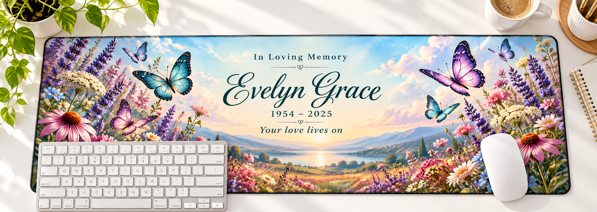 Butterflies of Remembrance personalized memorial desk mat — overhead workspace mockup
