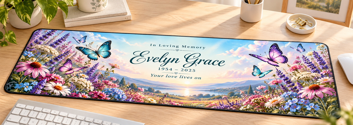 Butterflies of Remembrance personalized memorial desk mat — angled workspace mockup