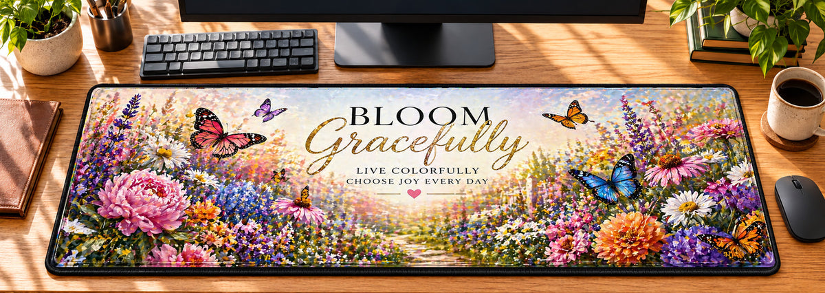 Butterfly Garden Grace Desk Mat in use on a warm wood office desk — overhead workspace view