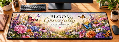 Butterfly Garden Grace Desk Mat in use on a warm wood office desk — overhead workspace view