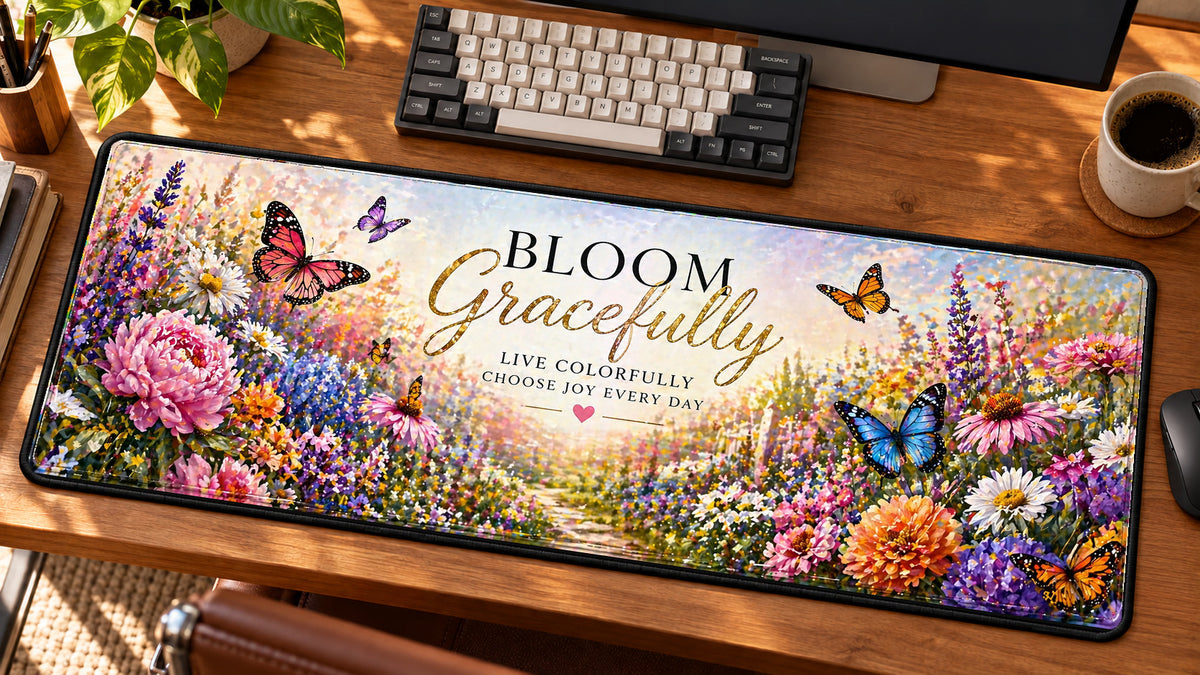 Butterfly Garden Grace Desk Mat in use on a warm wood office desk — angled workspace view