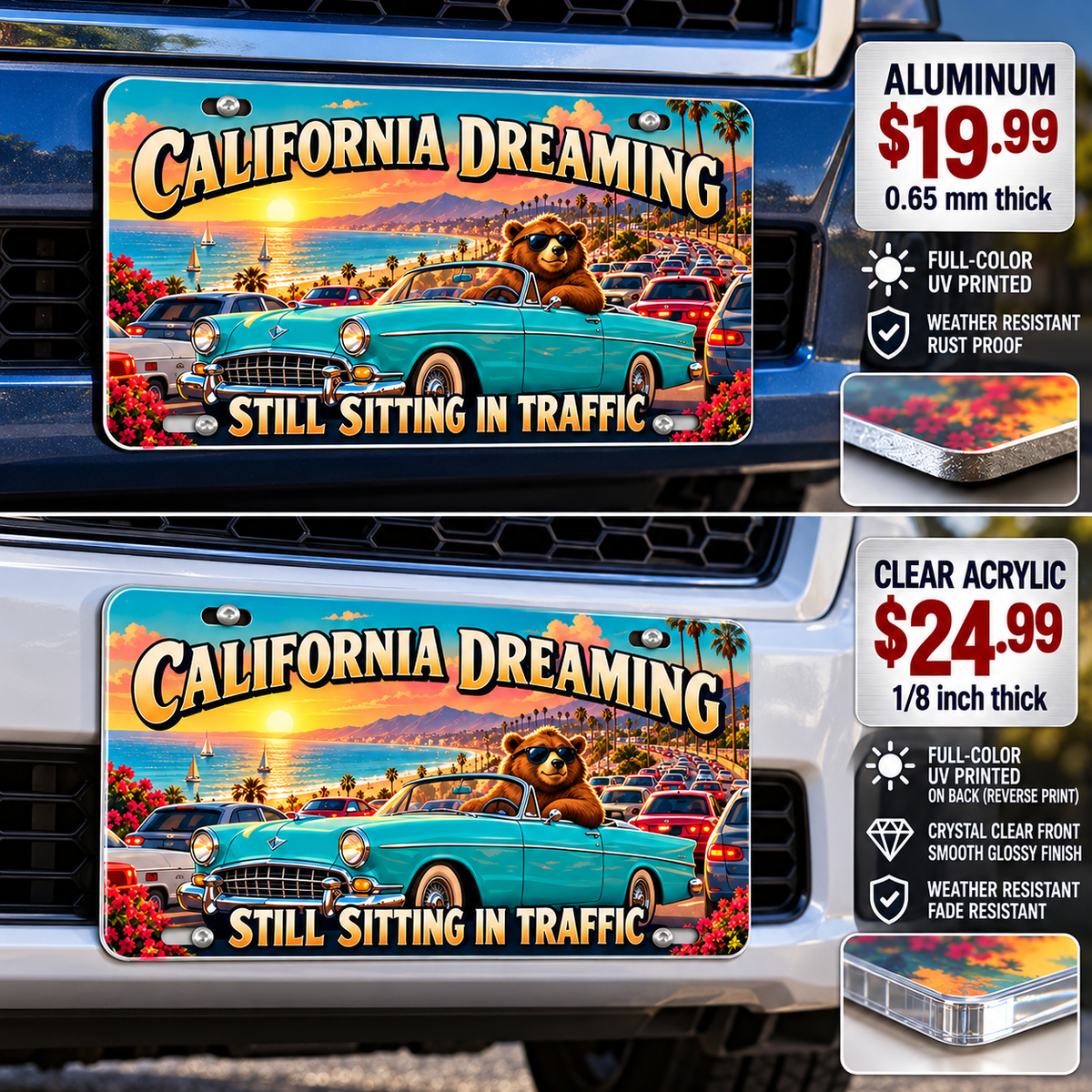 California Traffic Dreams funny license plate — aluminum and acrylic vehicle mockups