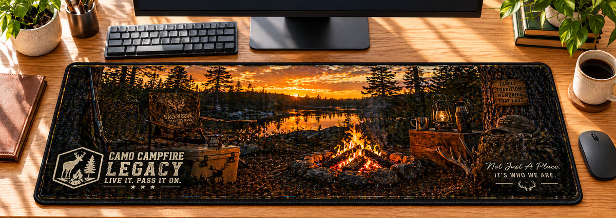 Camo Campfire Legacy Desk Mat in use on a warm wood office desk — overhead workspace view
