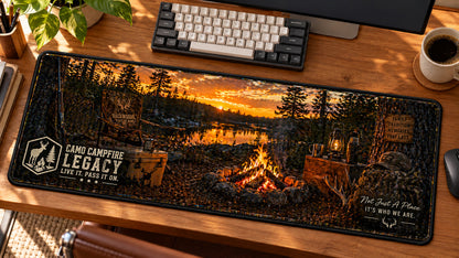 Camo Campfire Legacy Desk Mat in use on a warm wood office desk — angled workspace view