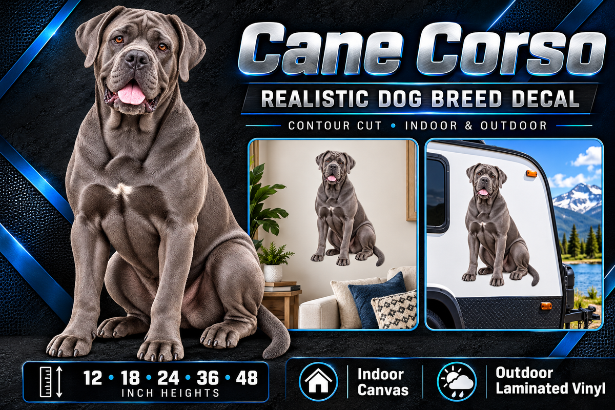 Cane Corso decal summary — 12 to 48 inch heights, indoor and outdoor