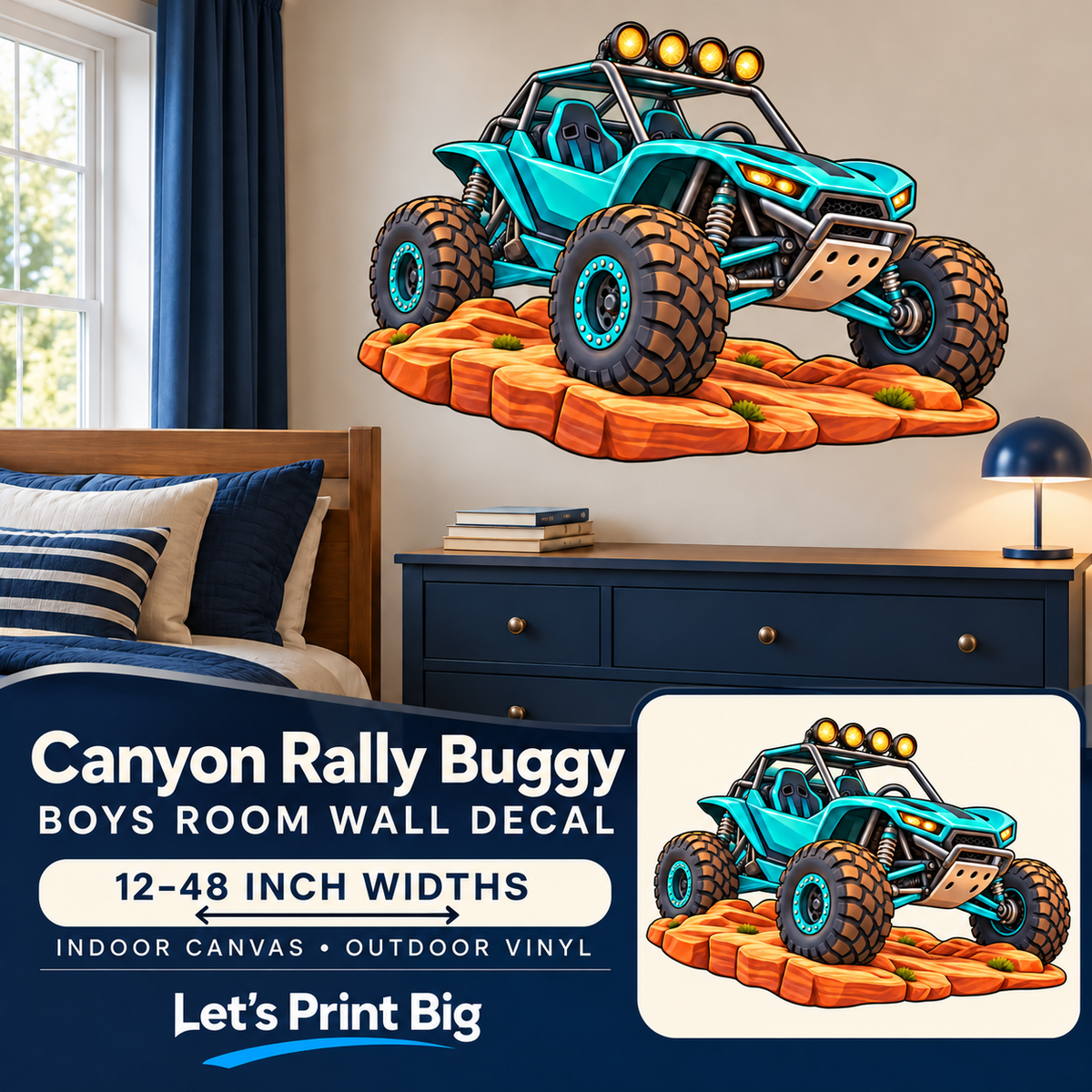 Canyon Rally Buggy – Boys Room Wall Decal summary and bedroom mockup – 12 to 48 inch widths