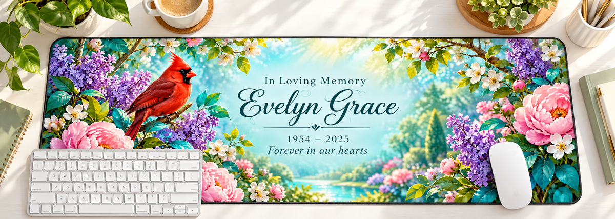 Cardinal Garden of Memories personalized memorial desk mat — overhead workspace mockup