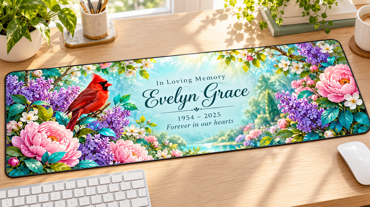 Cardinal Garden of Memories personalized memorial desk mat — angled workspace mockup