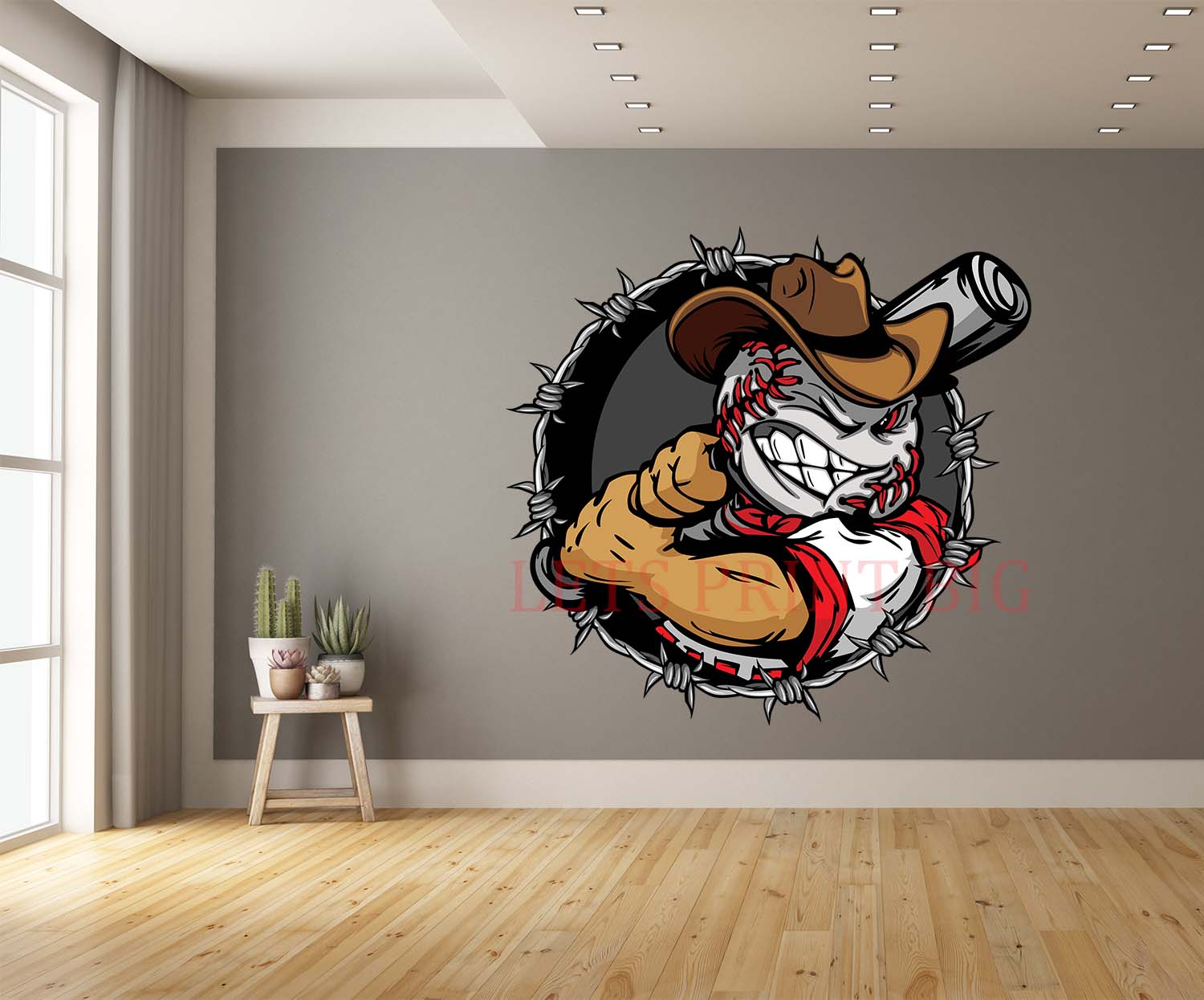 Cartoon Cowboy Baseball Face Holding Baseball Bat Wall Art Decal
