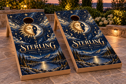Celestial Nights matching personalized cornhole boards lifestyle mockup; boards not included