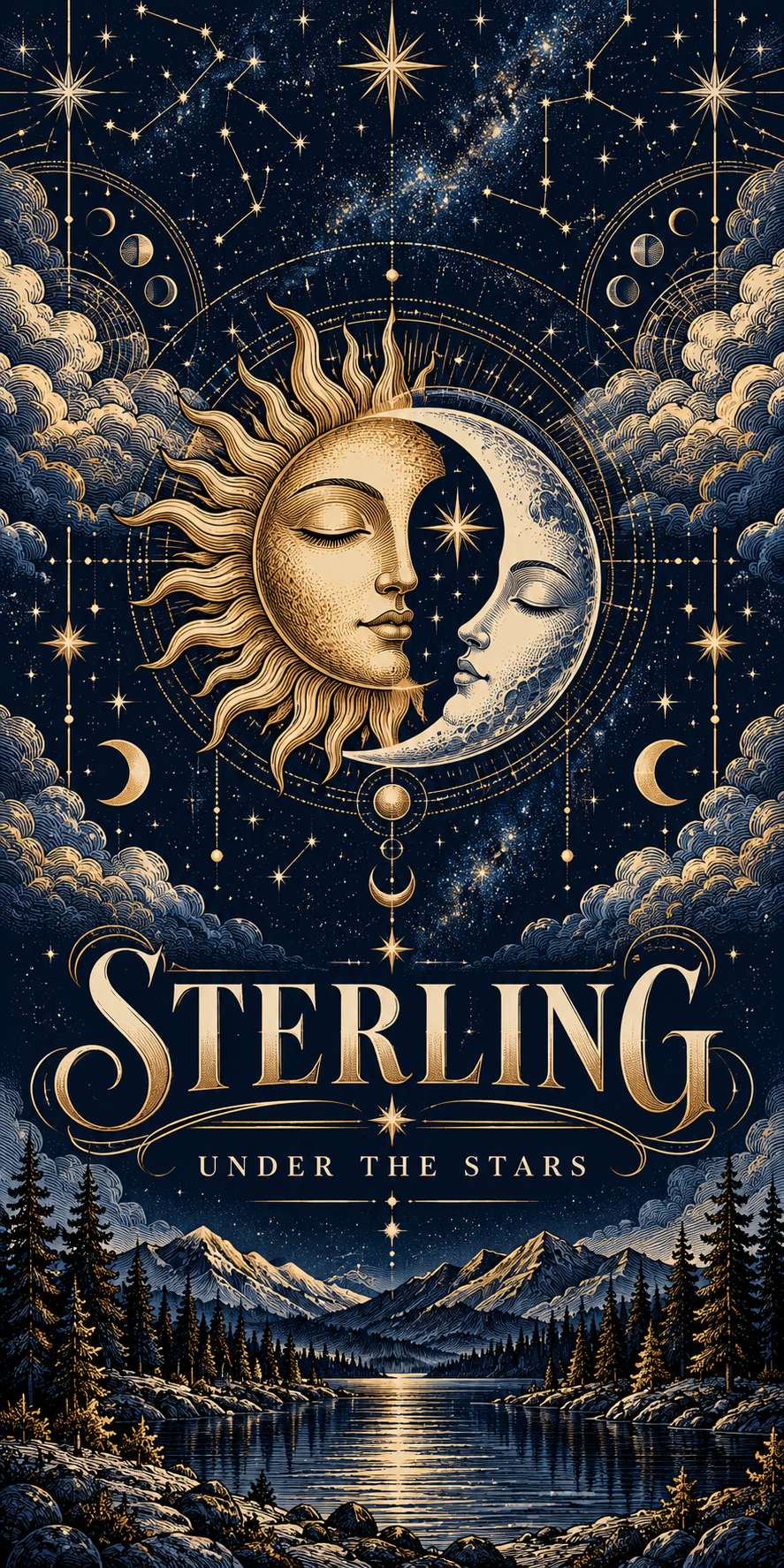Celestial Nights personalized flat cornhole wrap artwork; example name STERLING