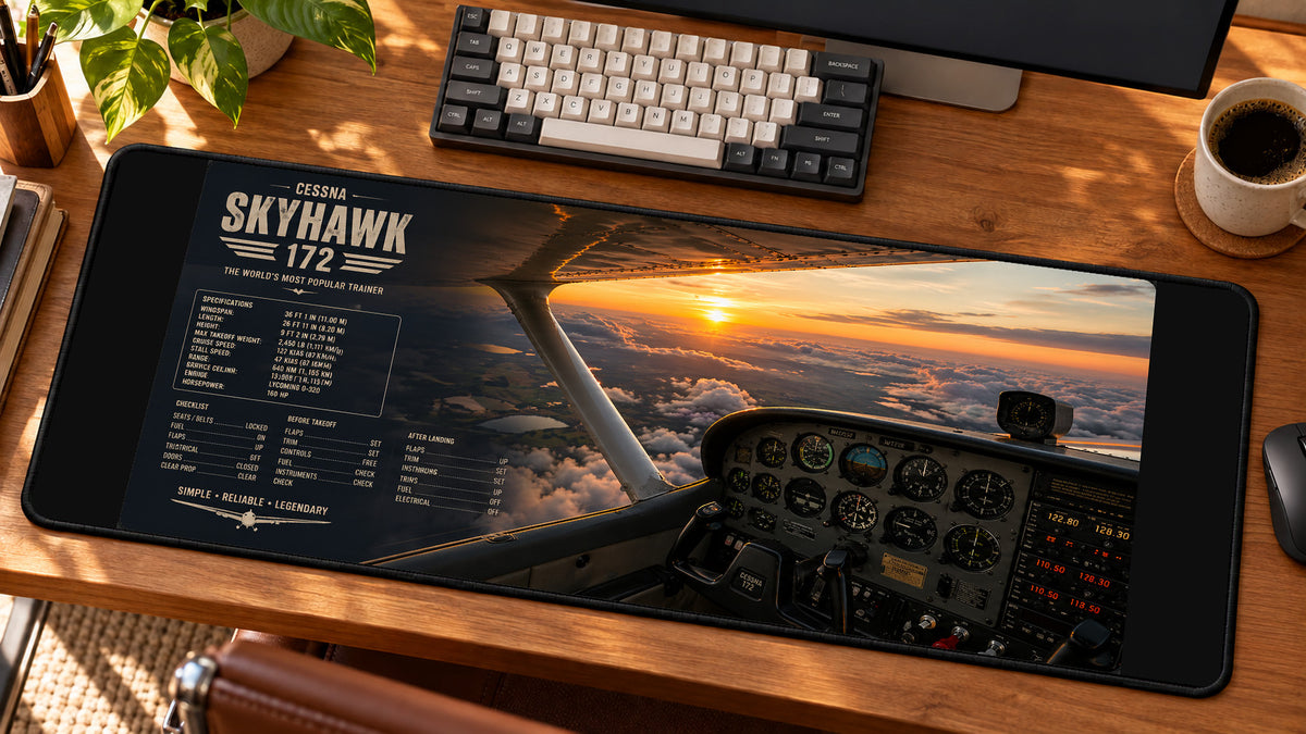 Cessna Skyhawk Cockpit Desk Mat in use on a warm wood office desk — angled workspace view