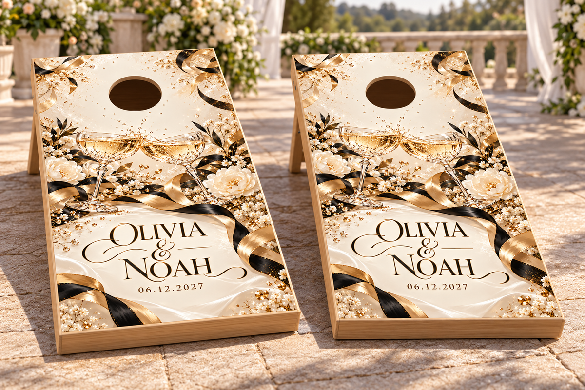 Champagne Celebration personalized wedding and anniversary cornhole boards lifestyle mockup; boards not included
