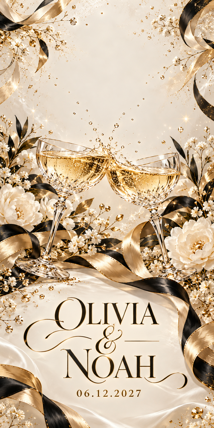 Champagne Celebration personalized wedding and anniversary cornhole artwork with sample names and date